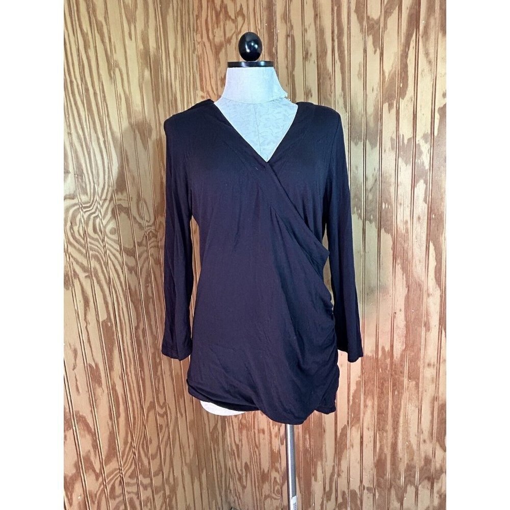 Soft Surroundings Blouse V-Neck Long Sleeve Solid Black Blouse Padded Shoulder M